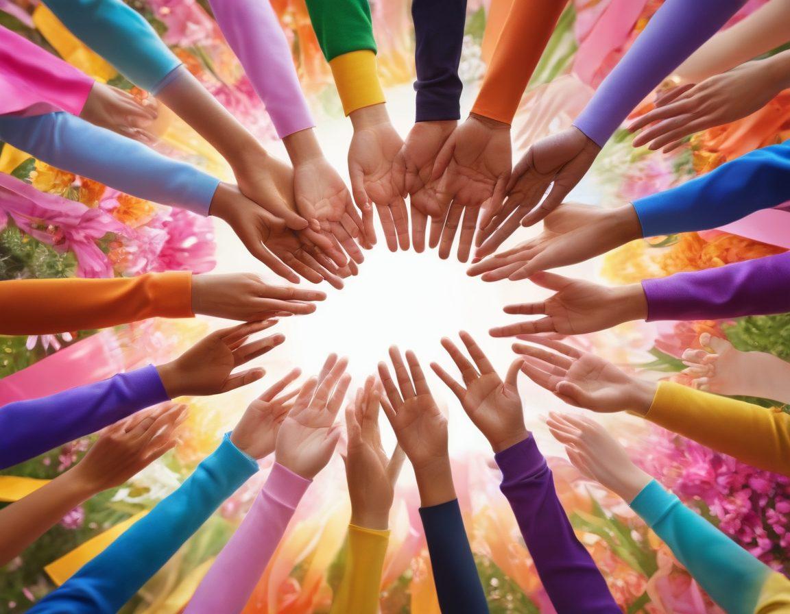 A collage of diverse individuals holding hands in a circle, symbolizing unity and support in the fight against cancer. Bright ribbons of various colors representing different types of cancer flow through the background, with soft light illuminating each person's face. Include elements of nature, such as blooming flowers to signify hope and resilience. The overall feel should inspire empowerment and community. super-realistic. vibrant colors. soft focus.