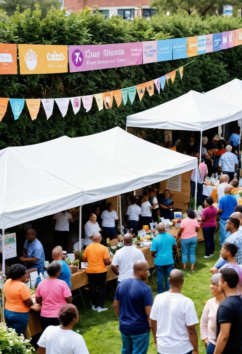 A warm, inviting scene depicting a diverse group of individuals engaged in a community gathering focused on cancer awareness, surrounded by informational booths showcasing advocacy, education, and wellness resources. Include banners with uplifting messages, plants in the background symbolizing growth, and a sense of unity among participants. The setting should have a bright, optimistic atmosphere, conveying hope and support. vibrant colors. super-realistic.