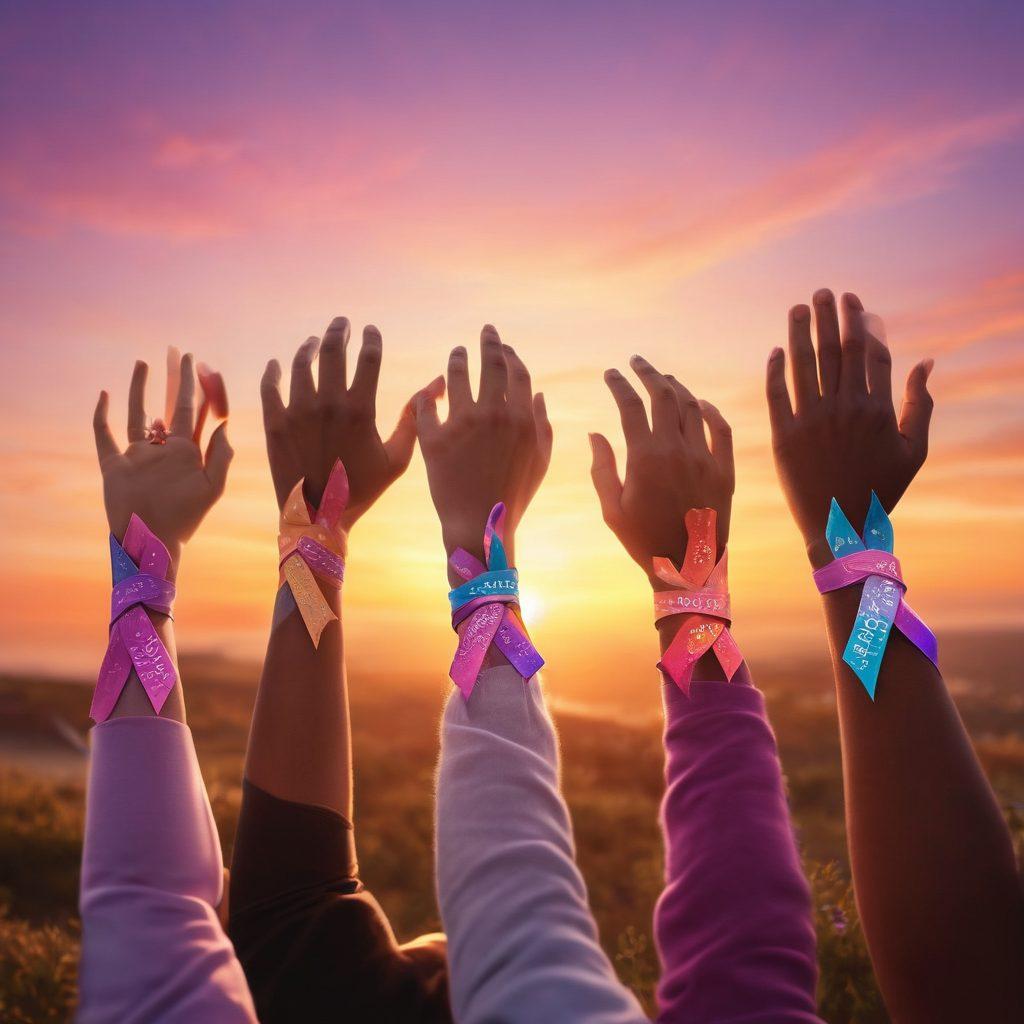 A diverse group of people standing united, wearing colorful cancer awareness ribbons, symbolizing hope and resilience. In the background, a vibrant sunset represents the journey of survivorship, while the foreground features elements like hands joined in support and inspiring quotes about strength. Super-realistic. Warm colors. Inspirational atmosphere.
